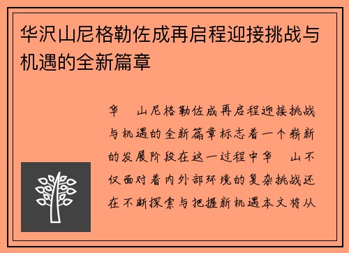 华沢山尼格勒佐成再启程迎接挑战与机遇的全新篇章