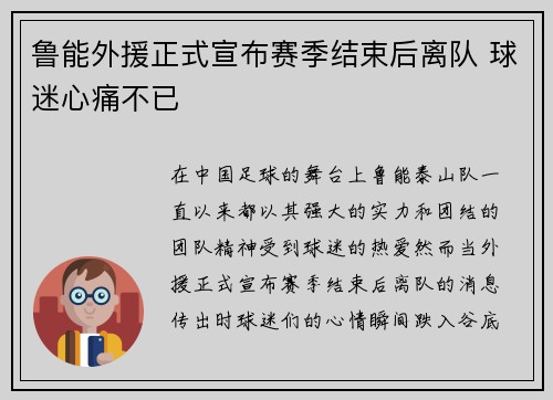 鲁能外援正式宣布赛季结束后离队 球迷心痛不已