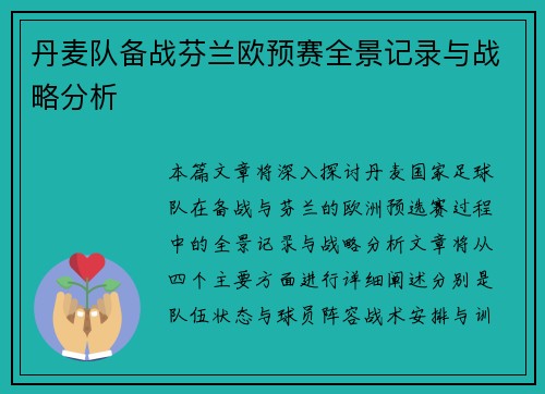 丹麦队备战芬兰欧预赛全景记录与战略分析