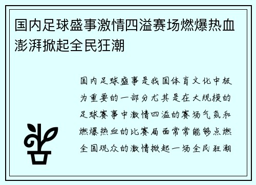 国内足球盛事激情四溢赛场燃爆热血澎湃掀起全民狂潮