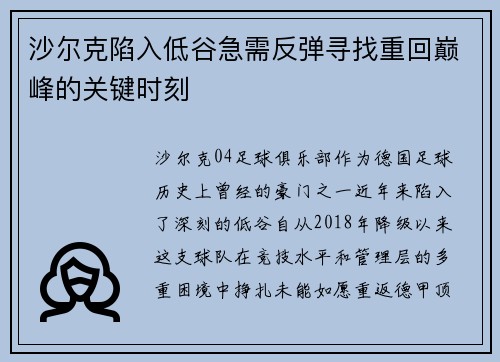 沙尔克陷入低谷急需反弹寻找重回巅峰的关键时刻