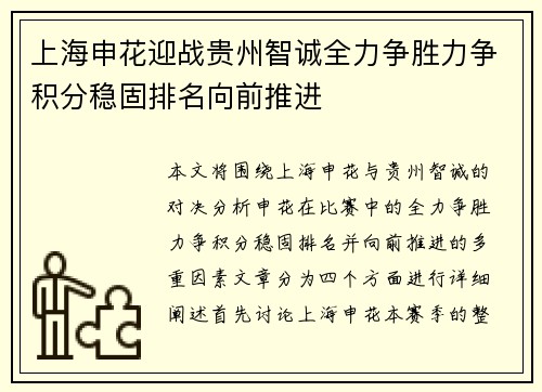 上海申花迎战贵州智诚全力争胜力争积分稳固排名向前推进