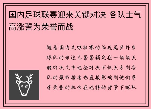 国内足球联赛迎来关键对决 各队士气高涨誓为荣誉而战