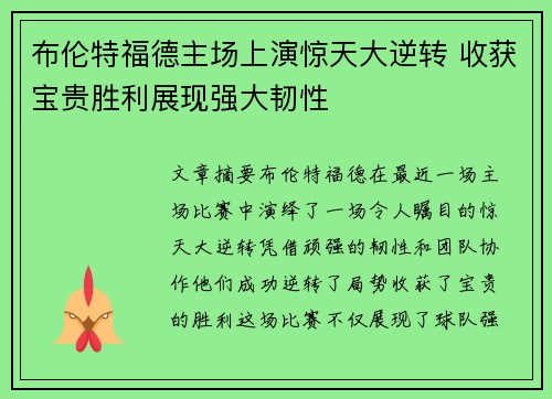 布伦特福德主场上演惊天大逆转 收获宝贵胜利展现强大韧性