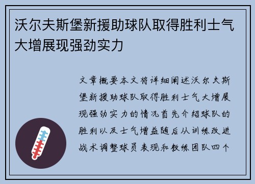 沃尔夫斯堡新援助球队取得胜利士气大增展现强劲实力