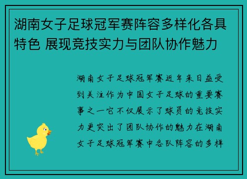 湖南女子足球冠军赛阵容多样化各具特色 展现竞技实力与团队协作魅力
