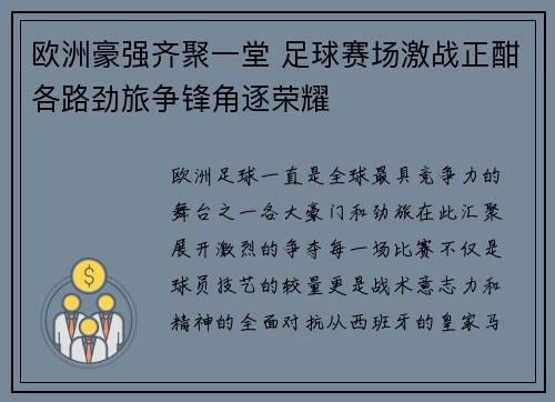 欧洲豪强齐聚一堂 足球赛场激战正酣各路劲旅争锋角逐荣耀