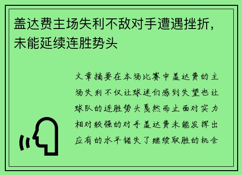 盖达费主场失利不敌对手遭遇挫折，未能延续连胜势头