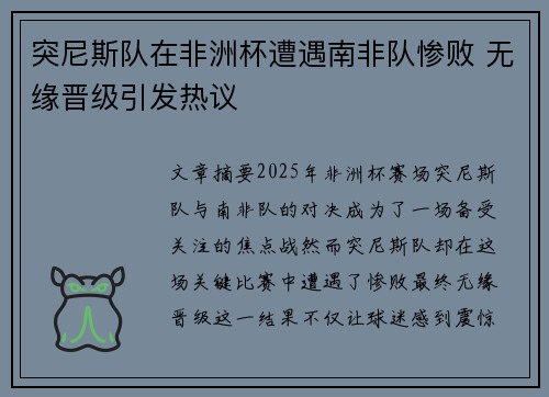 突尼斯队在非洲杯遭遇南非队惨败 无缘晋级引发热议