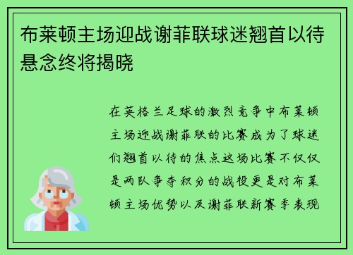 布莱顿主场迎战谢菲联球迷翘首以待悬念终将揭晓
