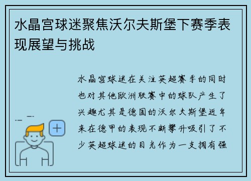 水晶宫球迷聚焦沃尔夫斯堡下赛季表现展望与挑战